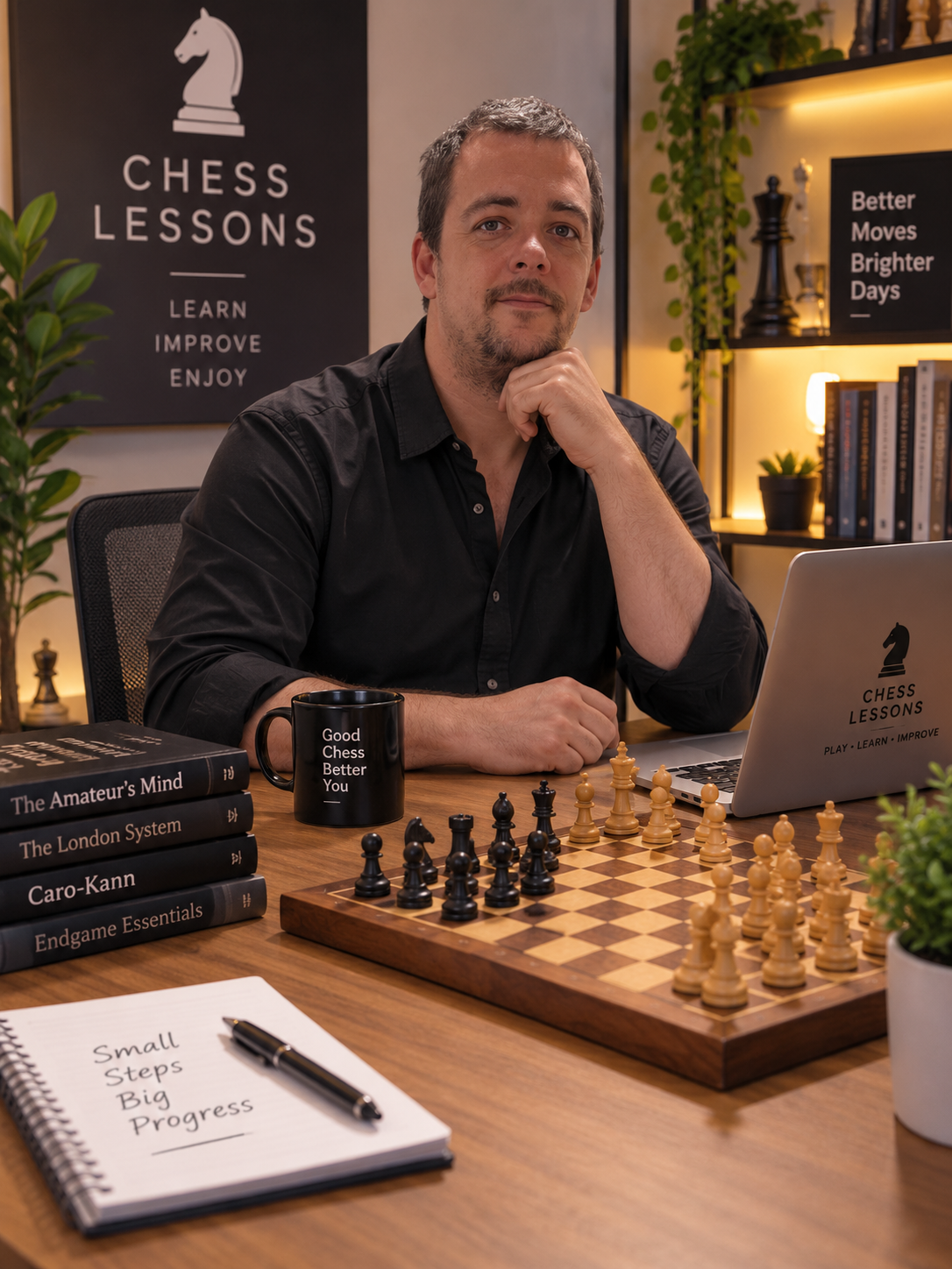 Beau seated at a chessboard in a welcoming study